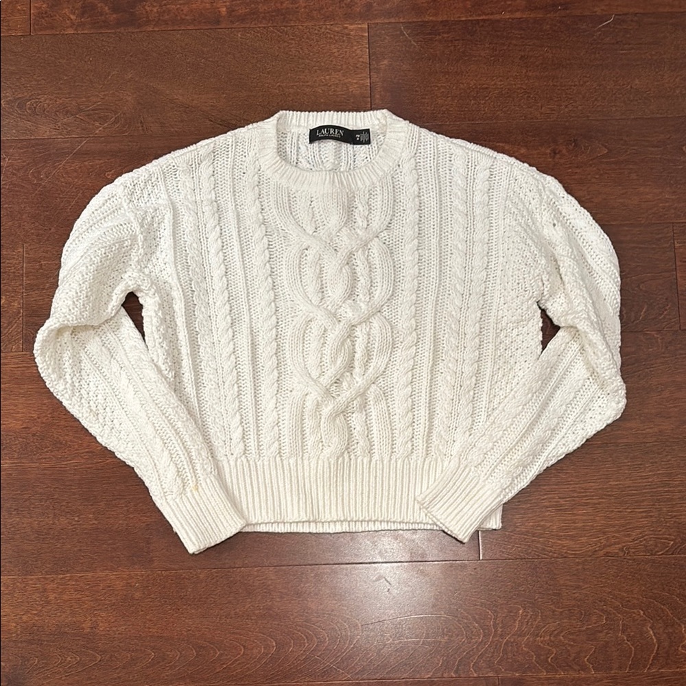 Ralph Lauren White Crewneck Cable Knit Sweater